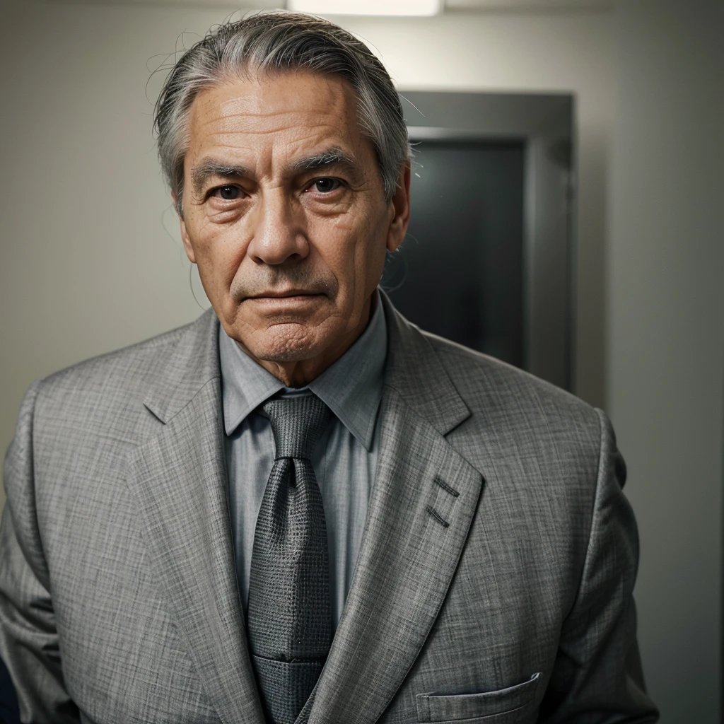 "A realistic portrait of an elderly man, approximately 70 years old, with neatly styled gray hair. He is dressed in a dark suit tailored to fit his body, paired with a subtle tie. His facial expression is serious, with gentle wrinkles around his eyes and mouth, conveying wisdom and seriousness. The lighting is soft, highlighting the details of his face and elegantly simple attire."