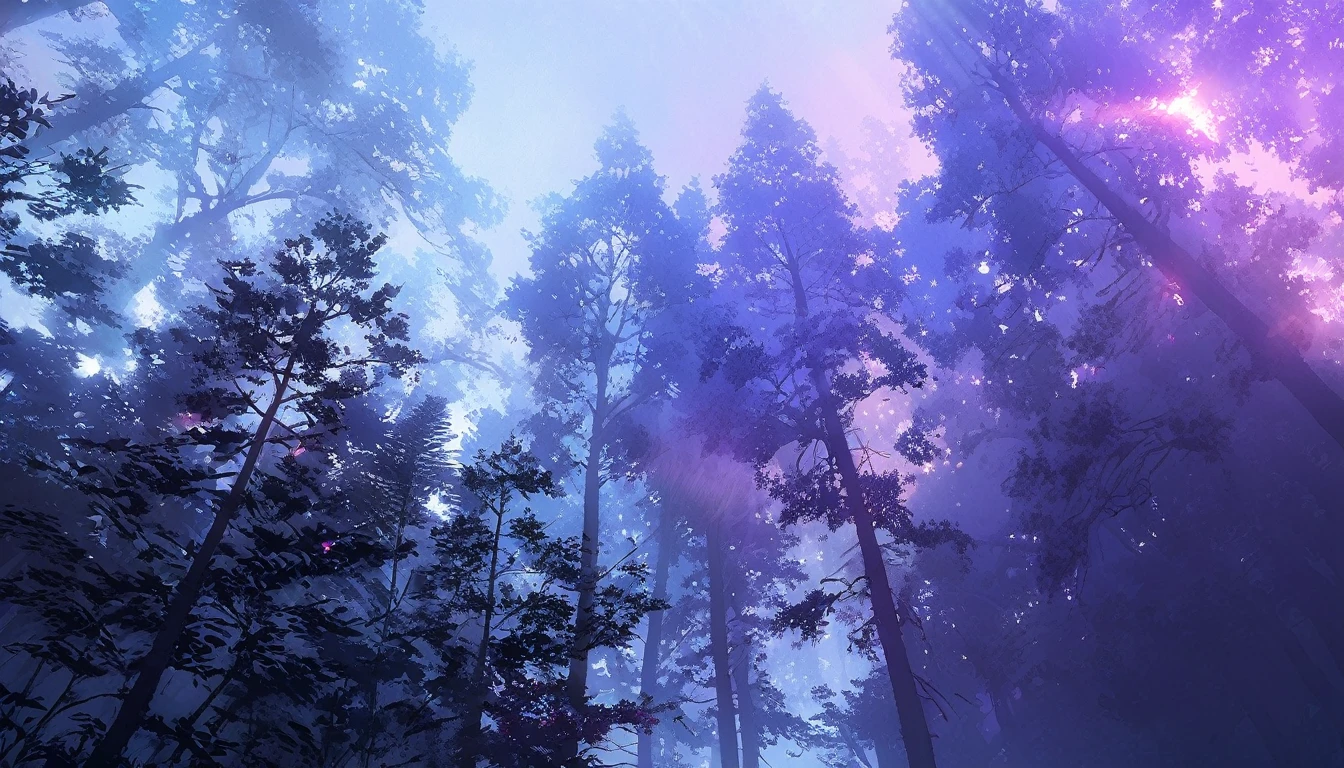 Eerie Dark Forest, Trees in the fog々Sunlight shines in from between, Cinematic forest lighting,