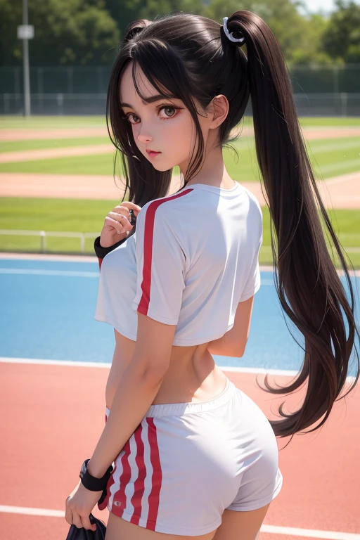 (best qualityer), (hyper realist), mh-yk, 1girl, 独奏, black hair, eyes browns, , long hair, athletic clothing,physical education clothes,,big ,, twintails, plein-air, hair rings, ful dressed, jewelly, bangss,standing wearing sneakers on the athletics track showing off to the spectator ,back scene emphasis on the rear, olhar malicioso 