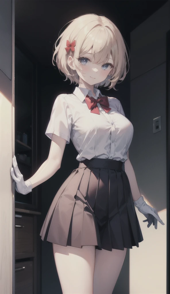 (8K, RAW photos, best quality, masterpiece:1.2), (Practical, photo-Practical:1.37), Extremely detailed,
1 girl,Lovely, Solitary,Beautiful and detailed sky,(Red and swollen nose),(Smile:1.1),(Shut up),Large Breasts, seductive Smile, Big Apartment, Professional lighting, Sony A7R4, Jersey 50mm F1.8,
Medium breasts,Beautiful and delicate eyes,(Collared shirt:1.1), bow tie,Pleated Skirt,(short hair:1.2),Flowing hair ，Long hair，White gloves，Eyes with highlights，miniskirt