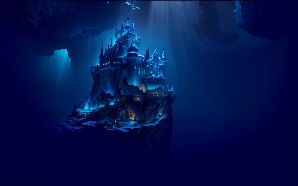 uhd, masterpiece, anatomically correct, textured skin, super detail, high details, high quality, best quality, highres,16K, vivid,Complex intricate details,Very refined depth of field,Photorealism,Professional Lighting,There is a castle in the middle of the deep blue ocean, deep sea landscape, Underwater Edinburgh Castle, seabed temple, Underwater city, a dark underwater scene, bubble, Deep under the sea, Underwater scenery, A huge floating castle, Under the Deep Sea, Deep under the sea scene, 夜间在seabed, seabed environment, seabed
