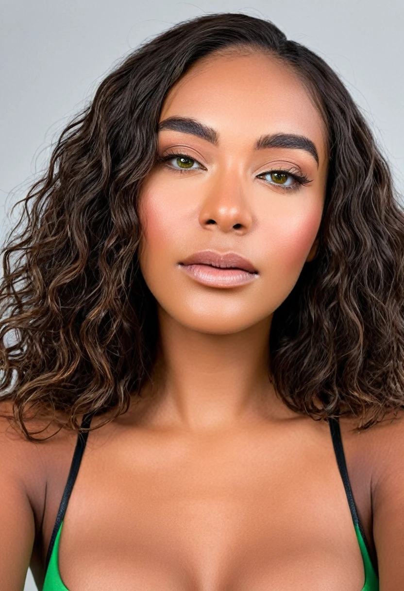 (selfie, vista superior: 1,4), (metade reta do corpo: 1,4), foto de retrato RAW UHD, a beautiful woman, beautiful Latin face, Brazilian supermodel, stunning, stunning beauty, Angolan descent, most beautiful woman in the world, jaw-dropping beauty, young adult 30 years old, She has an exotic beauty, native Brazilian, tall woman, a stunning black African woman, with indigenous features, beautiful indigenous girl, ((An indigenous African girl with European ebony)), ((her beauty is undeniable)), beautiful young ebony girl with dark skin, tanned Mexican. *hair: Curly black hair with brown highlights, Voluminous black hair with brown highlights, vibrant and dynamic cut with soft waves. *eyes: green and expressive eyes, beautiful green eyes, realistic green eyes, detailed green eyes, ultra realistic, symmetrical, hyper realistic, (eyeliner, long eyelashes), intense and penetrating look, seductive, mysterious and charming look, look at it magnetism, attraction and fascination. * Eyebrows: Perfect eyebrows that arch gracefully above the eyes and are thick. * the nose is small and proportional to the face and the soft contour of the face that accentuates the high cheekbones. *Mouth: Attractive and irresistible mouth, well-defined lips, full lips, voluminous lips, seductive lips, captivating, striking, unforgettable, mischievous, sexy, your features are captivating, seductive expression, a seductive smile is enigmatic *Face shape: O the face is oval, with high cheekbones and a well-defined chin, a beautiful and detailed face. *Makeup: Makeup is subtle, but highlights natural features. Skin Tone: Olive skin, with healthy and even glow, with olive skin, dark skin, sexy girl with dark skin, detailed skin texture, beautiful and glowing skin, intricate details, smooth skin, healthy and radiant appearance. *body: attractive and slim woman, medium bust, athletic, thin waist, wide hips, big butt, thick thighs, shapely legs. Selfie fotograph,((melhor qualidade)), ((Obra de arte)), ((re