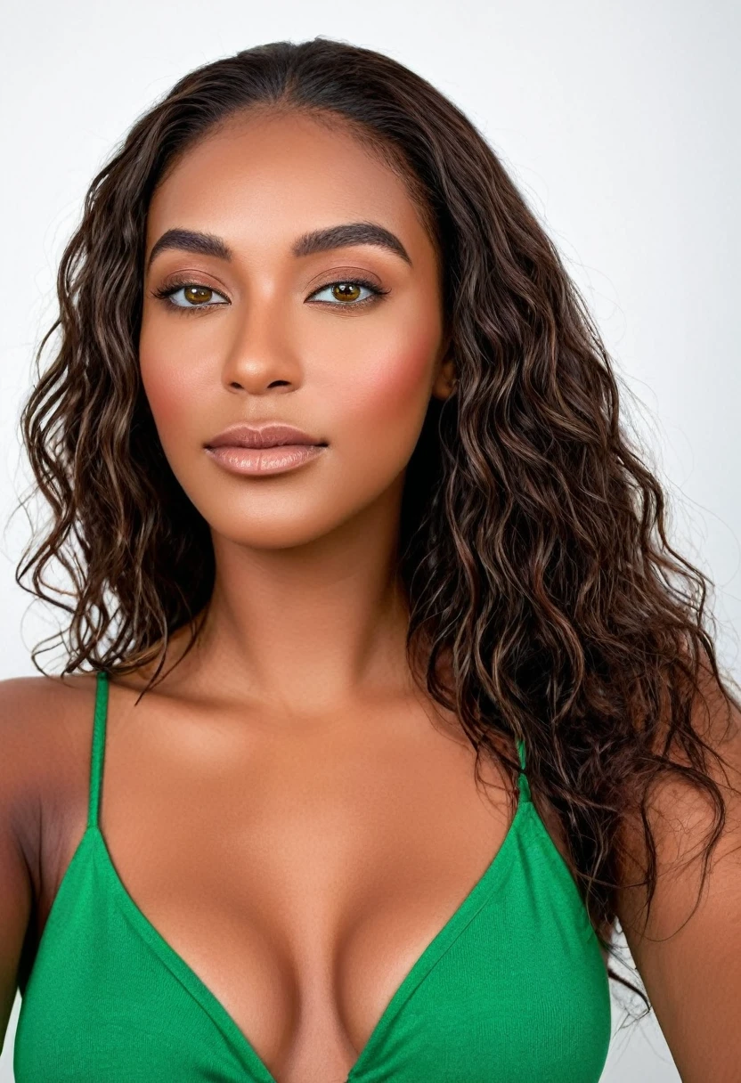 (selfie, vista superior: 1,4), (metade reta do corpo: 1,4), foto de retrato RAW UHD, a beautiful woman, beautiful Latin face, Brazilian supermodel, stunning, stunning beauty, Angolan descent, most beautiful woman in the world, jaw-dropping beauty, young adult 30 years old, She has an exotic beauty, native Brazilian, tall woman, a stunning black African woman, with indigenous features, beautiful indigenous girl, ((An indigenous African girl with European ebony)), ((her beauty is undeniable)), beautiful young ebony girl with dark skin, tanned Mexican. *hair: Curly black hair with brown highlights, Voluminous black hair with brown highlights, vibrant and dynamic cut with soft waves. *eyes: green and expressive eyes, beautiful green eyes, realistic green eyes, detailed green eyes, ultra realistic, symmetrical, hyper realistic, (eyeliner, long eyelashes), intense and penetrating look, seductive, mysterious and charming look, look at it magnetism, attraction and fascination. * Eyebrows: Perfect eyebrows that arch gracefully above the eyes and are thick. * the nose is small and proportional to the face and the soft contour of the face that accentuates the high cheekbones. *Mouth: Attractive and irresistible mouth, well-defined lips, full lips, voluminous lips, seductive lips, captivating, striking, unforgettable, mischievous, sexy, your features are captivating, seductive expression, a seductive smile is enigmatic *Face shape: O the face is oval, with high cheekbones and a well-defined chin, a beautiful and detailed face. *Makeup: Makeup is subtle, but highlights natural features. Skin Tone: Olive skin, with healthy and even glow, with olive skin, dark skin, sexy girl with dark skin, detailed skin texture, beautiful and glowing skin, intricate details, smooth skin, healthy and radiant appearance. *body: attractive and slim woman, medium bust, athletic, thin waist, wide hips, big butt, thick thighs, shapely legs. Selfie fotograph,((melhor qualidade)), ((Obra de arte)), ((re