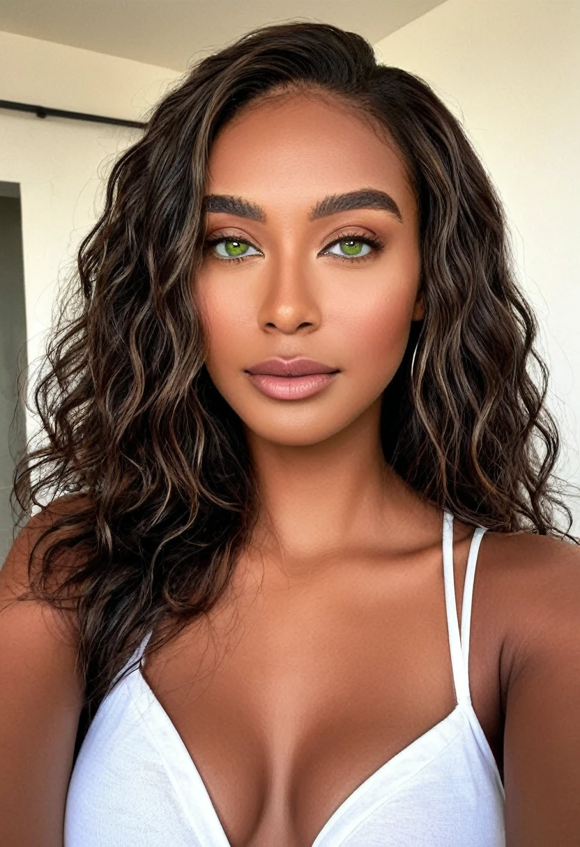 (selfie, vista superior: 1,4), (metade reta do corpo: 1,4), foto de retrato RAW UHD, a beautiful woman, beautiful Latin face, Brazilian supermodel, stunning, stunning beauty, Angolan descent, most beautiful woman in the world, jaw-dropping beauty, young adult 30 years old, She has an exotic beauty, native Brazilian, tall woman, a stunning black African woman, with indigenous features, beautiful indigenous girl, ((An indigenous African girl with European ebony)), ((her beauty is undeniable)), beautiful young ebony girl with dark skin, tanned Mexican. *hair: Curly black hair with brown highlights, Voluminous black hair with brown highlights, vibrant and dynamic cut with soft waves. *eyes: green and expressive eyes, beautiful green eyes, realistic green eyes, detailed green eyes, ultra realistic, symmetrical, hyper realistic, (eyeliner, long eyelashes), intense and penetrating look, seductive, mysterious and charming look, look at it magnetism, attraction and fascination. * Eyebrows: Perfect eyebrows that arch gracefully above the eyes and are thick. * the nose is small and proportional to the face and the soft contour of the face that accentuates the high cheekbones. *Mouth: Attractive and irresistible mouth, well-defined lips, full lips, voluminous lips, seductive lips, captivating, striking, unforgettable, mischievous, sexy, your features are captivating, seductive expression, a seductive smile is enigmatic *Face shape: O the face is oval, with high cheekbones and a well-defined chin, a beautiful and detailed face. *Makeup: Makeup is subtle, but highlights natural features. Skin Tone: Olive skin, with healthy and even glow, with olive skin, dark skin, sexy girl with dark skin, detailed skin texture, beautiful and glowing skin, intricate details, smooth skin, healthy and radiant appearance. *body: attractive and slim woman, medium bust, athletic, thin waist, wide hips, big butt, thick thighs, shapely legs. Selfie fotograph,((melhor qualidade)), ((Obra de arte)), ((re