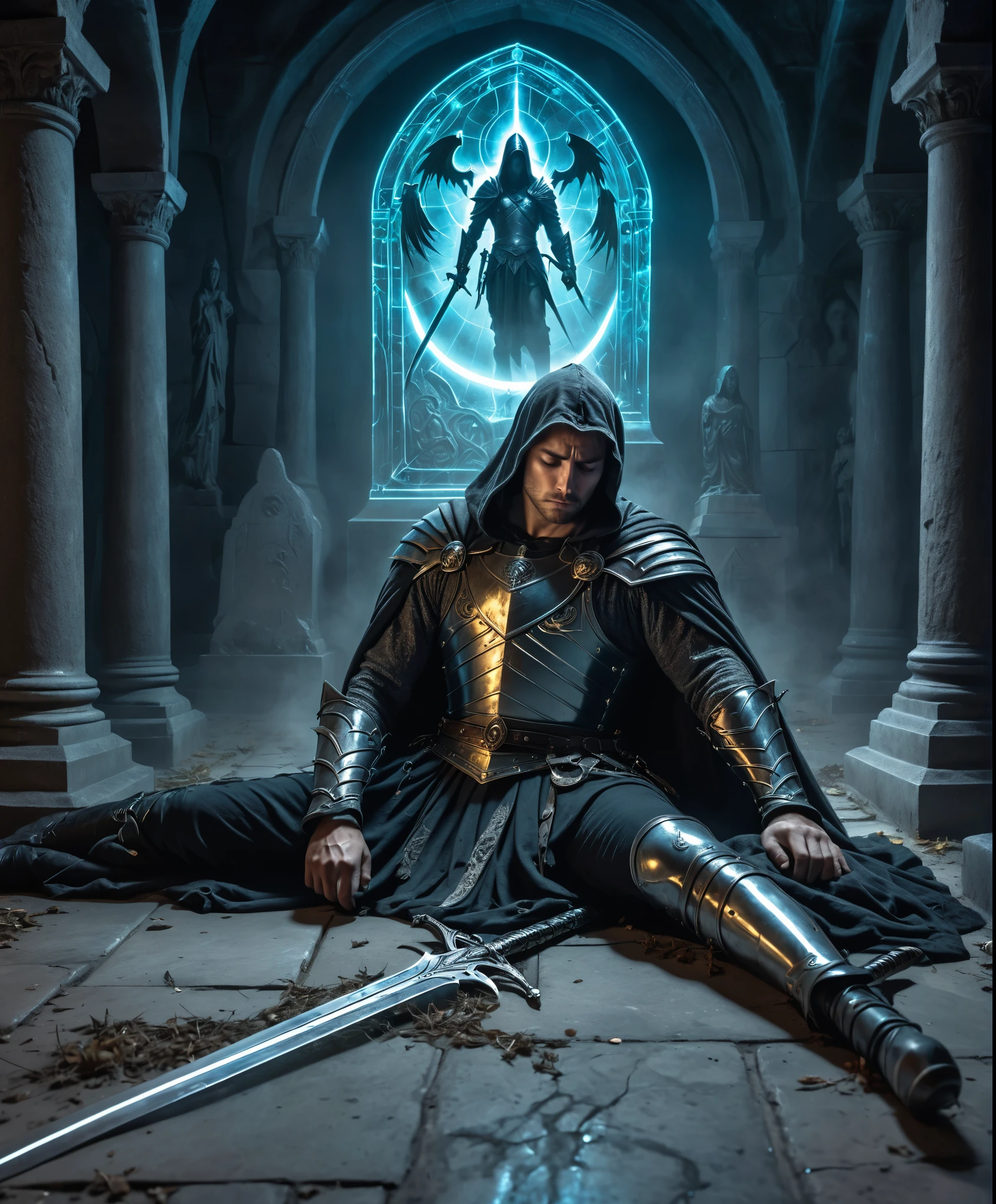 A resting warrior with sleep paralysis facing a gitching hologram of his worst enemy, his sword and shield are useless on the floor, expressive face showing his despair and impotence, bart of succinct in tombs of an eerie graveyard supernatural phenomenon,