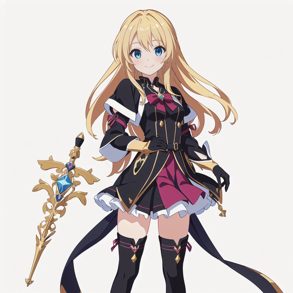 Highest quality, high resolution, High quality anime art style, Perfect hands,Perfect Fingers.Official Art, Smooth anime CG art, Stylized anime, Cute 3D anime girl render, Visual Novel Sprites, White background, whole body, Anime-style 3D, Smooth anime CG art, humanoid woman, JRPG Characters, Magical Girl Style, Anime woman in a black dress with maroon ribbon, Black gloves, Blonde, Long Hair, Light blue eyes, smile, （（Carrying a decorated magic wand））, Small Bust, Small breasts, 15 years old, 
