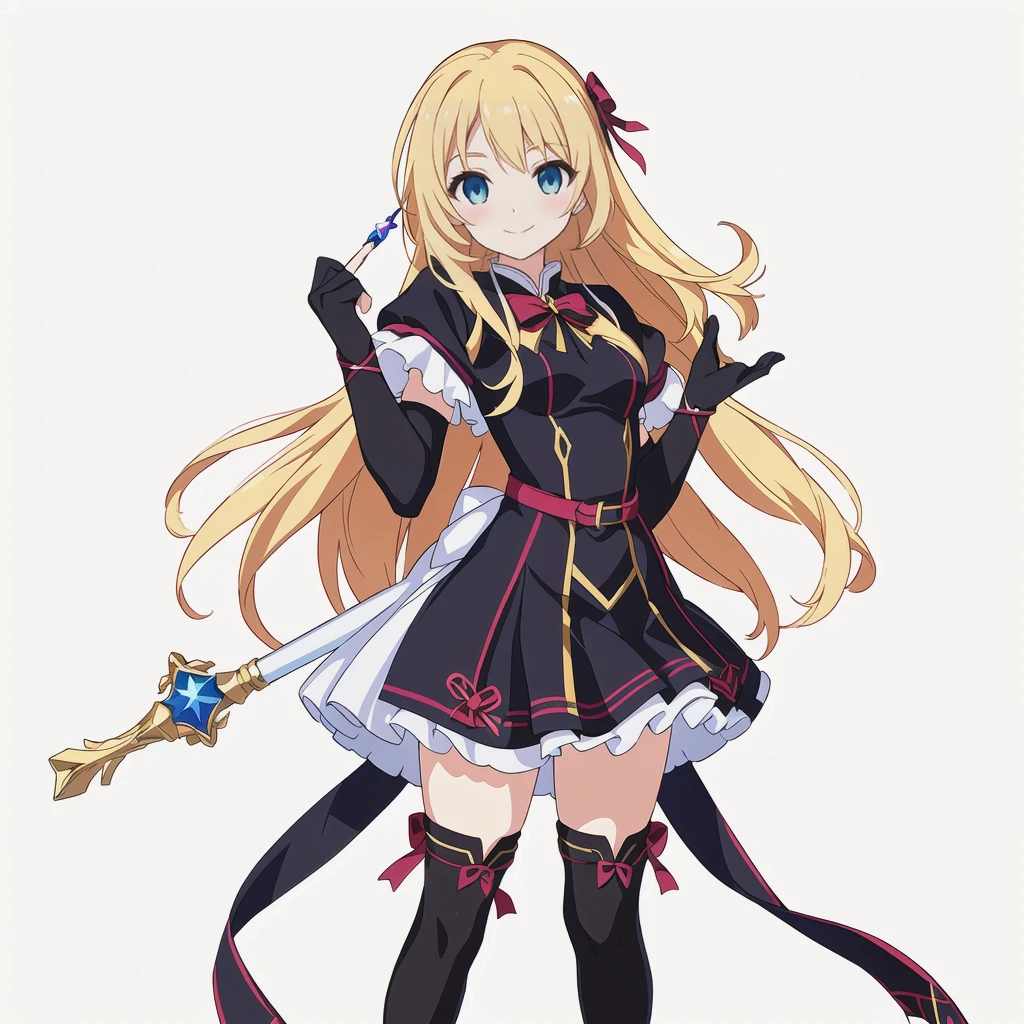 Highest quality, high resolution, High quality anime art style, Perfect hands,Perfect Fingers.Official Art, Smooth anime CG art, Stylized anime, Cute 3D anime girl render, Visual Novel Sprites, White background, whole body, Anime-style 3D, Smooth anime CG art, humanoid woman, JRPG Characters, Magical Girl Style, Anime woman in a black dress with maroon ribbon, Black gloves, Blonde, Long Hair, Light blue eyes, smile, ((Carrying a decorated magic wand)), Small Bust, Small breasts, 15 years old,