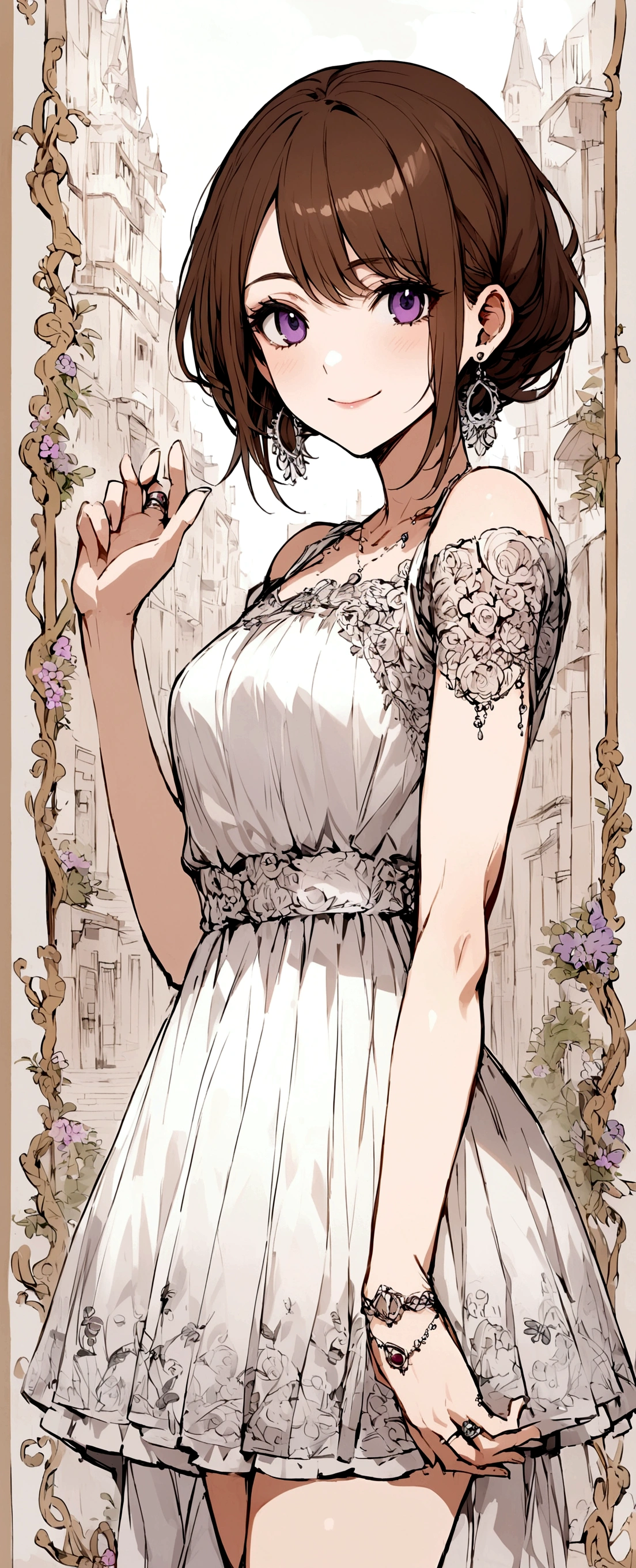 Detailed and precise manual work,I love short brown hair,Purple eyes,White cool dress,ring earrings,Your smile is beautiful,Hand-drawn illustrations