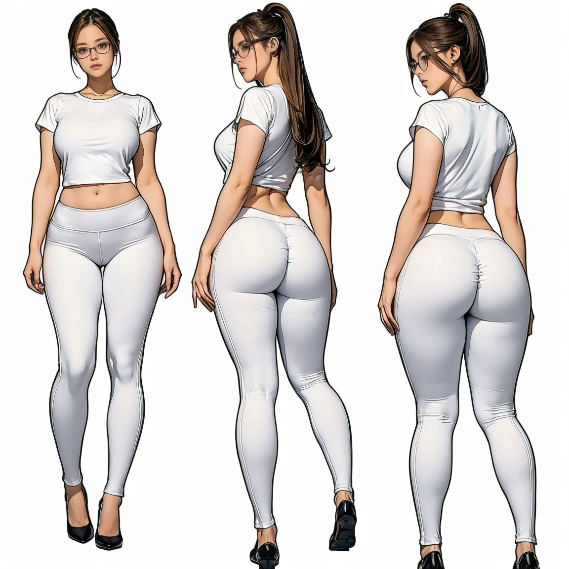 ((masterpiece)),(((highest quality))),((Reference Sheet, Character Design, in front, looking at the viewer , girl with glasses~ ~ in fron to camera, Mr..々Hairstyle, Mr..々Performance, Facial Expressions)), 30-year-old leggins white, , Cute type, (curvy:1.4), (normal ass:1.4), Realistic buttocks, Big Breasts, big , thick thighs, Long legs, It's not a big deal, ((High quality fabric, leggis, panties, top white, leggins), ((changing clothes :1.0)) quitandose los leggins, cambiandose de ropa