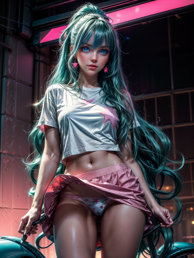 (Masterpiece:1.2), (Best Quality:1.2), close up, neon lights, Hyper realistic,Taller,absurdities,extremely detailed,volumetic,dramatic lighting, 1 girl,detailed eyes,face, ((Propensity)),a most beautiful woman with long wavy Aqua blue hair, (Aqua blue hair), (bright blue eyes), modern casual fashion, neon lights ((Wearing a white thigh-length shirt and a pink star-print miniskirt.)), pink star earrings, Posing for photos in a beautiful room., vivid colors, trend on Pinterest, tumblr, 3D, character design, dynamic, gorgeous, cute face, (Sweet smile), niji expressive style, 4k, Very detailed, cute cool, Photoshoot , precise hands, realistic hands, volumetric lighting, neon lights