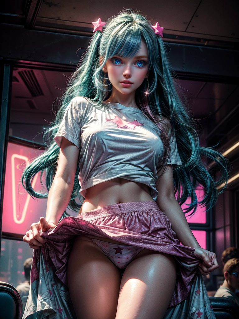 (Masterpiece:1.2), (Best Quality:1.2), close up, neon lights, Hyper realistic,Taller,absurdities,extremely detailed,volumetic,dramatic lighting, 1 girl,detailed eyes,face, ((Propensity)),a most beautiful woman with long wavy Aqua blue hair, (Aqua blue hair), (bright blue eyes), modern casual fashion, neon lights ((Wearing a white thigh-length shirt and a pink star-print miniskirt.)), pink star earrings, Posing for photos in a beautiful room., vivid colors, trend on Pinterest, tumblr, 3D, character design, dynamic, gorgeous, cute face, (Sweet smile), niji expressive style, 4k, Very detailed, cute cool, Photoshoot , precise hands, realistic hands, volumetric lighting, neon lights