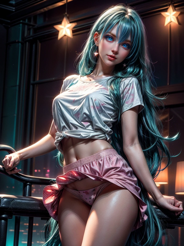 (Masterpiece:1.2), (Best Quality:1.2), close up, neon lights, Hyper realistic,Taller,absurdities,extremely detailed,volumetic,dramatic lighting, 1 girl,detailed eyes,face, ((Propensity)),a most beautiful woman with long wavy Aqua blue hair, (Aqua blue hair), (bright blue eyes), modern casual fashion, neon lights ((Wearing a white thigh-length shirt and a pink star-print miniskirt.)), pink star earrings, Posing for photos in a beautiful room., vivid colors, trend on Pinterest, tumblr, 3D, character design, dynamic, gorgeous, cute face, (Sweet smile), niji expressive style, 4k, Very detailed, cute cool, Photoshoot , precise hands, realistic hands, volumetric lighting, neon lights