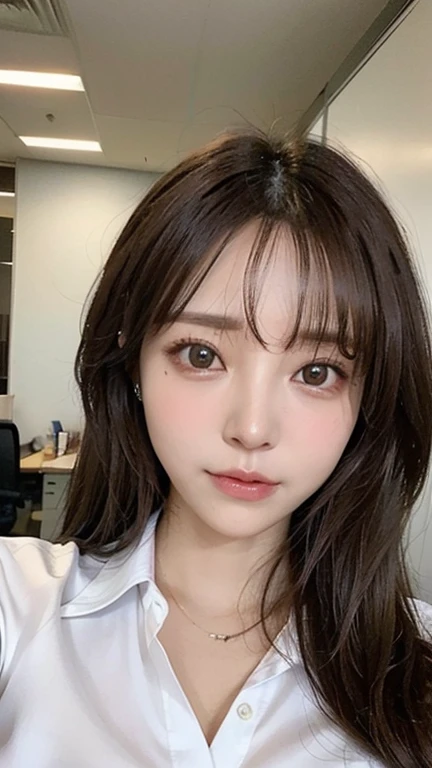 high quality, super quality, (detailed face:1.2) ,beautiful woman , golden eyes, long hair , (at office, wearing shirts :1.4) , sharpe eyebrow , beautiful bangs are covering her eyes , (huge breast:1.4) ,  