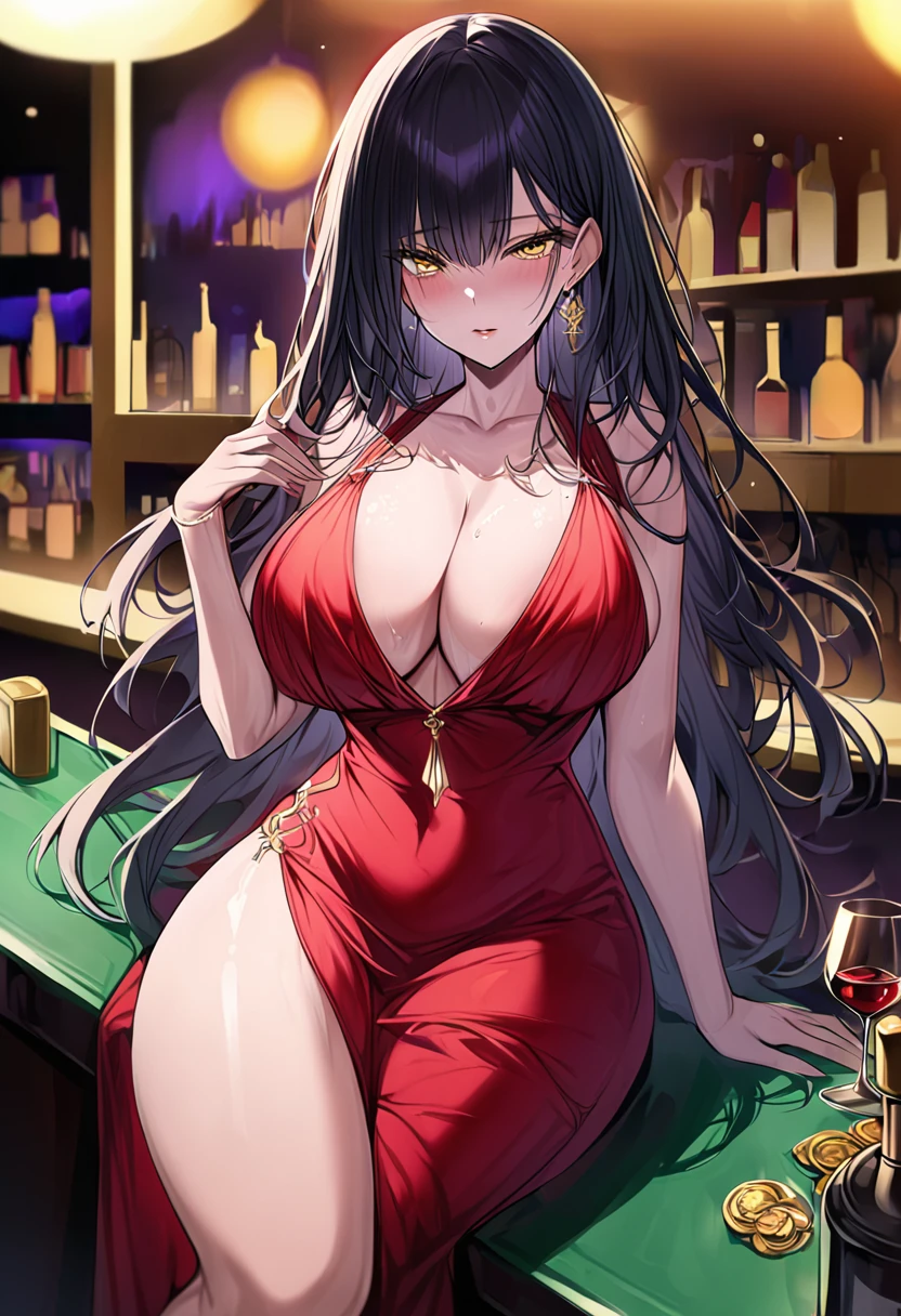Adult female, , bustdden hourglass figure, sexy red ss, messy and long black hair, golden yellow irises, defined black pupils, seductive, blushing, casino, drinking wine at bar, sitting at bar, night, perfect eyes, highly detailed, best detail, high quality