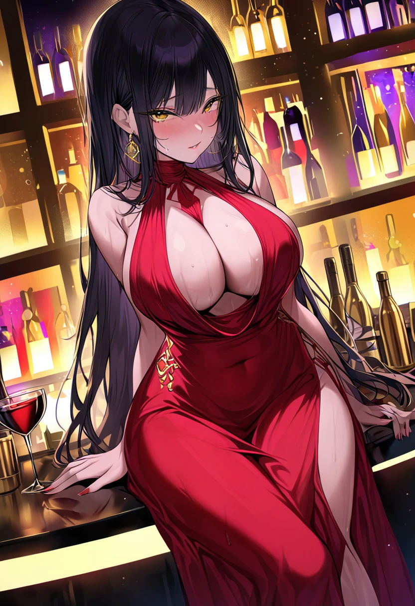 Adult female, milf, busty, hidden hourglass figure, sexy red dress, messy and long black hair, golden yellow irises, defined black pupils, seductive, blushing, casino, drinking wine at bar, sitting at bar, night, perfect eyes, highly detailed, best detail, high quality