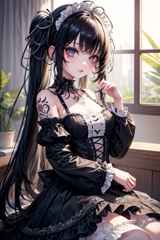 (masterpiece, High resolution, Highest quality), like々A beautiful woman, Gothic Lolita Fashion, Collage with black roses, Anime Style, Digital Painting,