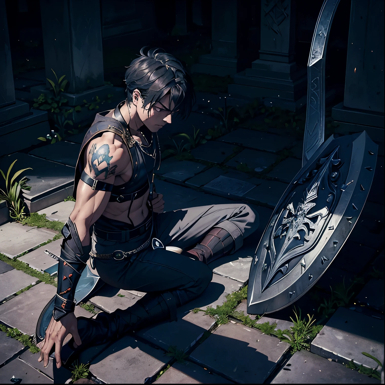 A resting warrior with sleep paralysis facing a gitching hologram of his worst enemy, his sword and shield are useless on the floor, expressive face showing his despair and impotence, art of succinct in tombs of an eerie graveyard, supernatural phenomenon, esoteric atmosphere.