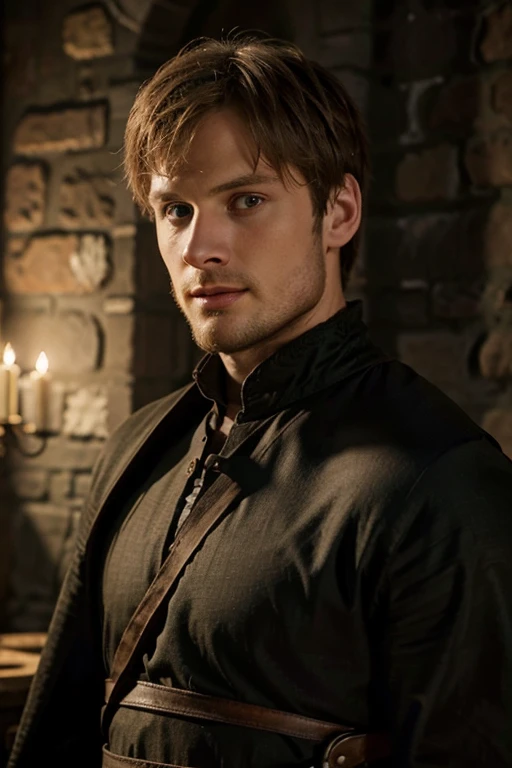 Bradley James,brunet, green eyes, black clothes,(hot) (light beard) (medieval)