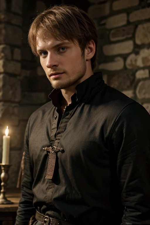 Bradley James,brunet, green eyes, black clothes,(hot) (light beard) (medieval)