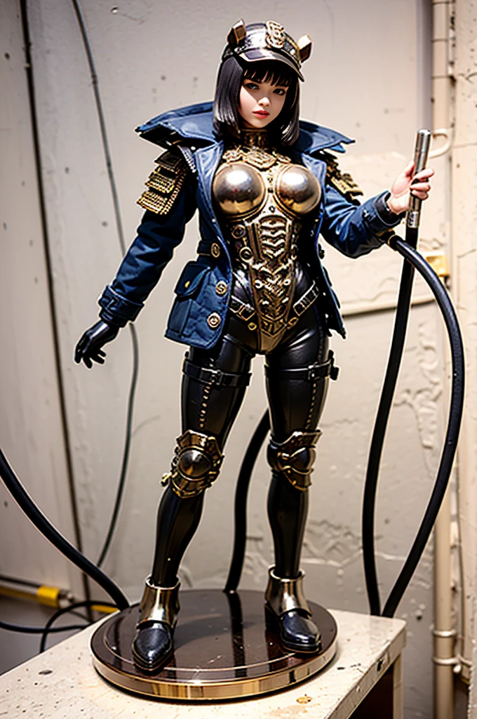 A full-length figure of a cool girl wearing a detailed steampunk armored suit. Exposed wiring, lots of cords and tubes connecting to the system. 