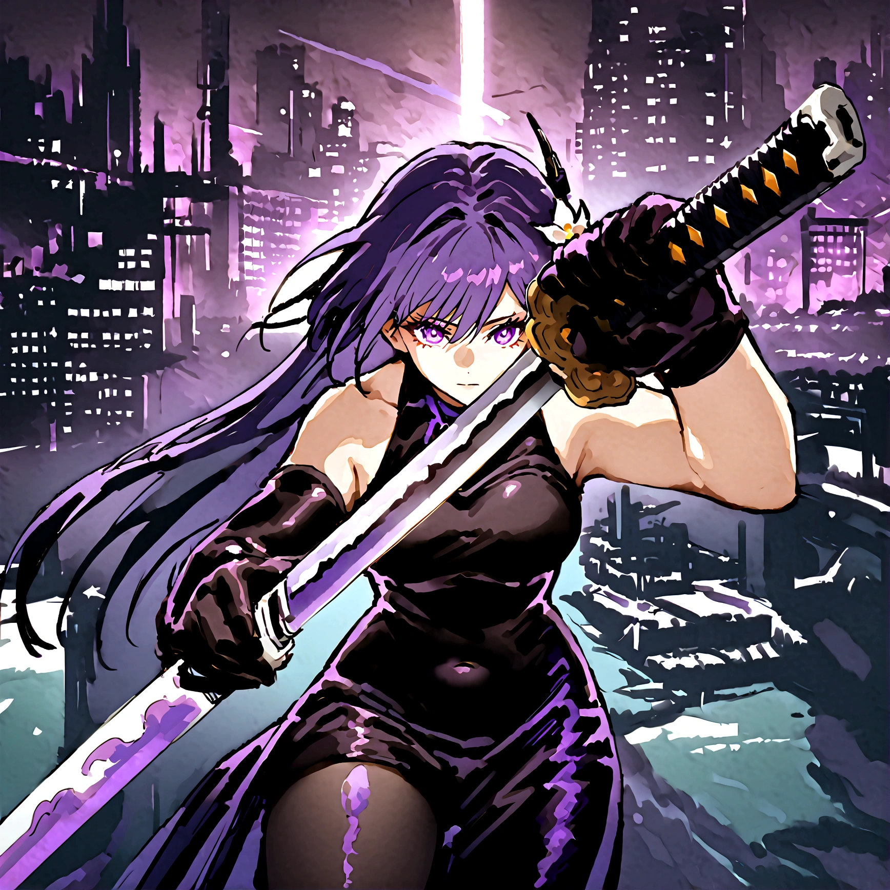 Anime girl with very long dark purple hair and a flower hair accessory wearing black short jeans with latex socks and a sport shoes wearing a cut shirt with no sleeves and half cut from below showing her belly with a black vest with short latex gloves purple glowing eyes holding a very long katana and in her other hand a very tall scabbard as she's surrendered with purple aura while giving a calm look on her face background city at night in Jujutsu Kaisen style while approaching a weird creature 