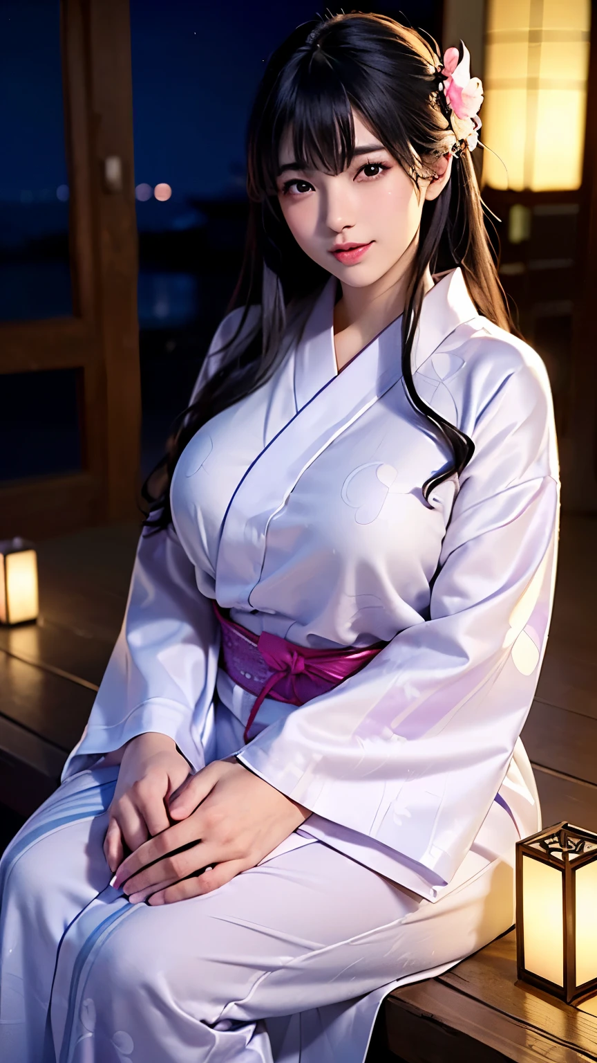 (logo、masterpiece、8K、Tabletop、RAW Photos、wonderful、最high quality、フォトリアリスティックでVery detailedな CG 複合 8K 壁紙、high quality、Very detailed、Narrative poem、Particle Effects、Dynamic Effects、Depth of the Boundary、Cinematic Light、Lens flare、Ray Tracing)、 (One beautiful woman wearing a yukata、White yukata、Light purple pattern)、Black-haired、High definition skin、Very fine、Fine skin texture、Beautiful Face、True Face、Beautiful details in the eyes、Realistic eyes、Beautifully detailed eyes、Realistic Skin、Beautiful Skin、Surreal、Smiling Eyes、Hair and light eyes、vivid、Colorful lights and bokeh、plump lower lip、Pink Lips、Hair flutters in Wind、Hair bounces、wonderful景色、night、evening、Wind、moonlight、moonlight、light