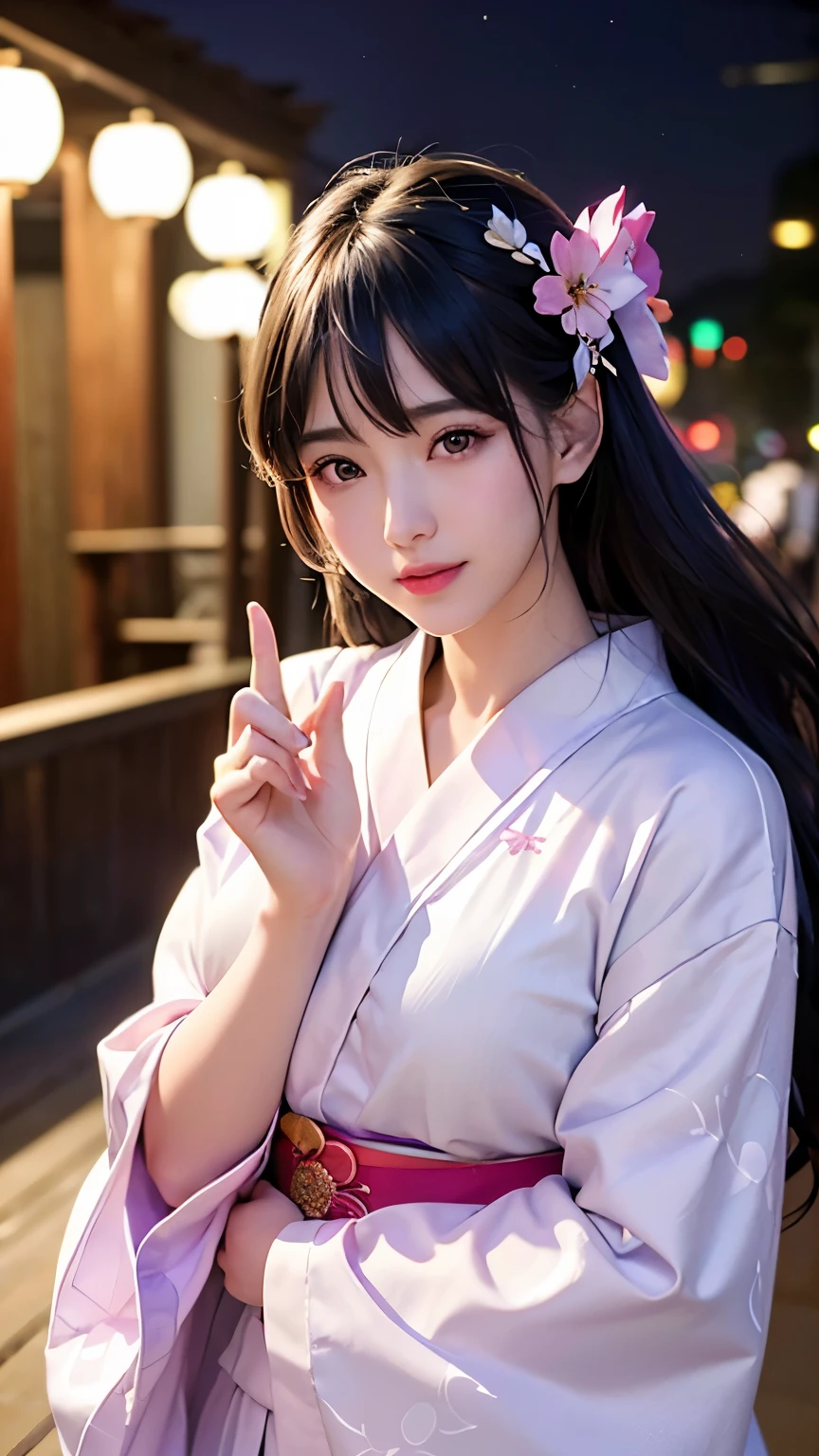 (logo、masterpiece、8K、Tabletop、RAW Photos、wonderful、最high quality、フォトリアリスティックでVery detailedな CG 複合 8K 壁紙、high quality、Very detailed、Narrative poem、Particle Effects、Dynamic Effects、Depth of the Boundary、Cinematic Light、Lens flare、Ray Tracing）、 (One beautiful woman wearing a yukata、White yukata、Light purple pattern)、Black-haired、High definition skin、Very fine、Fine skin texture、Beautiful Face、True Face、Beautiful details in the eyes、Realistic eyes、Beautifully detailed eyes、Realistic Skin、Beautiful Skin、Surreal、Smiling Eyes、Hair and light eyes、vivid、Colorful lights and bokeh、plump lower lip、Pink Lips、Hair flutters in Wind、Hair bounces、wonderful景色、night、evening、Wind、moonlight、moonlight、light
