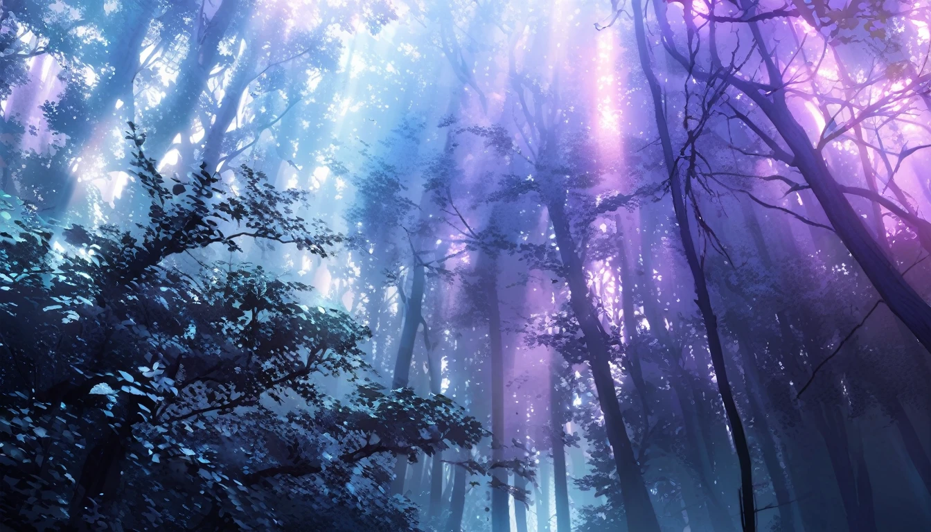 Eerie Dark Forest, Trees in the fog々Sunlight shines in from between, Cinematic forest lighting,