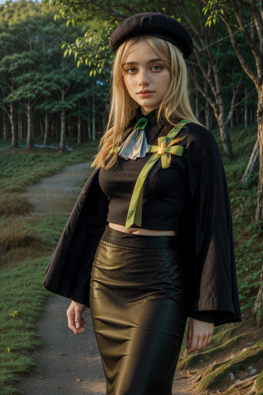 1 girl, best quality, ((Miyo)), tarankaaa, perfect face, beautiful smile, 30 years old, ((ascot,uniform, black skirt, cross, ribbon, gold blonde hair, emerald, beret, cape, pantyhose)), ((perfectly drawn hands)), perfect body, bare tree, bush, fog, forest, grass, nature, outdoors, plant, scenery, solo, standing, tree, 32k photograph, ((perfect eyes, detailed eyes,realistic eyes)), ((sharp face, detailed face, realistic face, natural skin, realistic skin, detailed skin, pores)), full body, tone mapping, asian-european, ((masterpiece)), ((highres)), ((detailed background)), japanese village background, night, big proportions, (abdomen is covered)