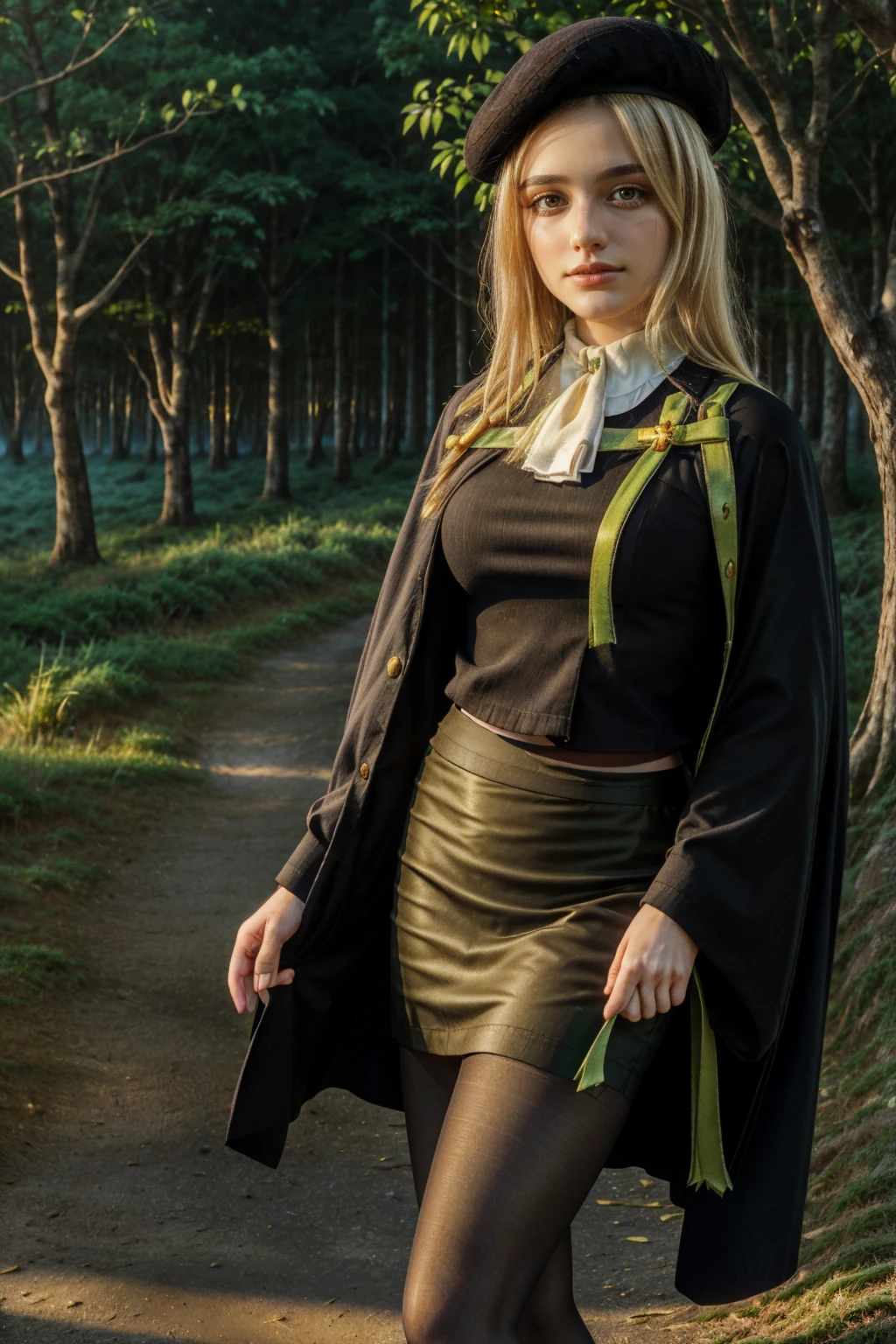 1 girl, best quality, ((Miyo)), tarankaaa, perfect face, beautiful smile, 30 years old, ((ascot,uniform, black skirt, cross, ribbon, gold blonde hair, emerald, beret, cape, pantyhose)), ((perfectly drawn hands)), perfect body, bare tree, bush, fog, forest, grass, nature, outdoors, plant, scenery, solo, standing, tree, 32k photograph, ((perfect eyes, detailed eyes,realistic eyes)), ((sharp face, detailed face, realistic face, natural skin, realistic skin, detailed skin, pores)), full body, tone mapping, asian-european, ((masterpiece)), ((highres)), ((detailed background)), japanese village background, night, big proportions, (abdomen is covered)