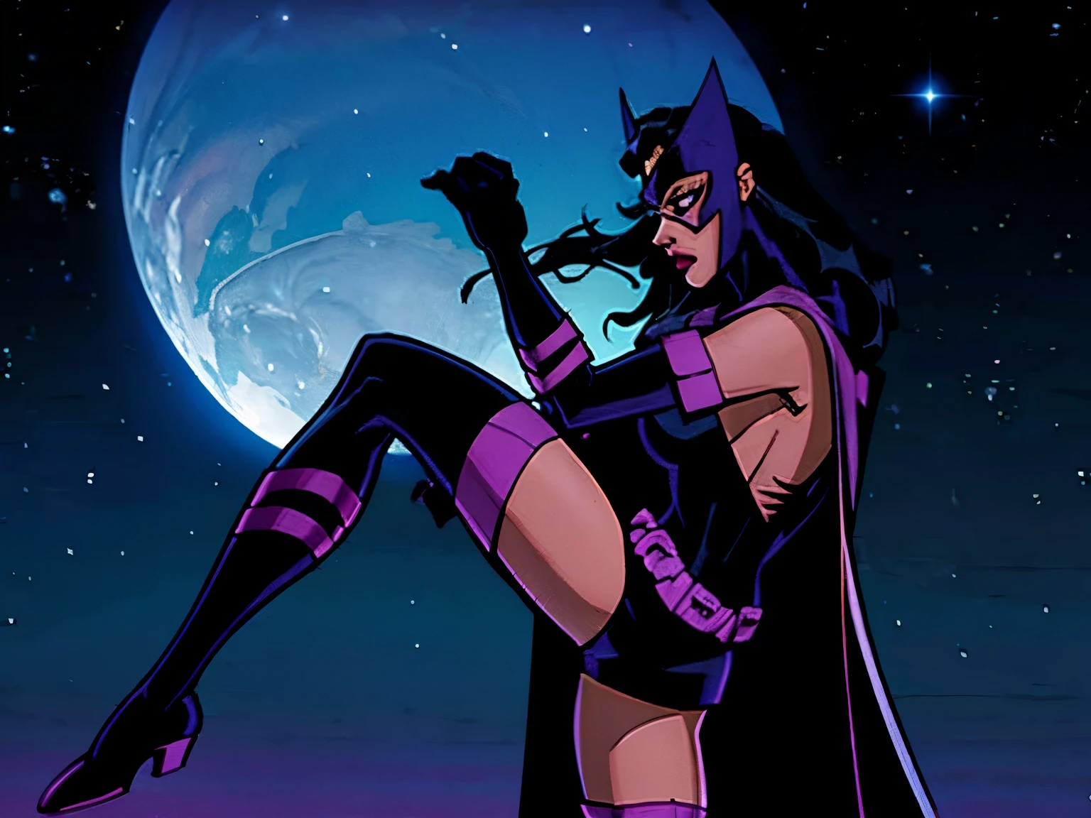 Huntress from DC comics, side view, kicking, night time, night sky background