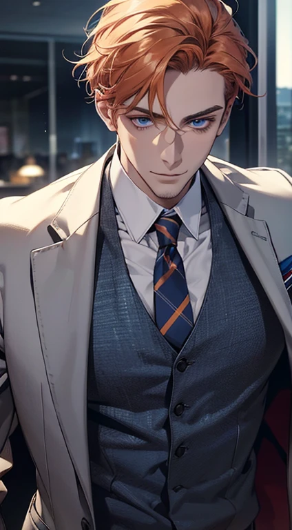 (best quality,4k,8k,highres,masterpiece:1.2),ultra-detailed,(realistic,photorealistic,photo-realistic:1.37),1 man,31 years old,mature man,very handsome,without expression,smile,short grey b
Orange hair,blue eyes,penetrating gaze,perfect face without errors,imposing posture,businessman,office background,cinematic lighting,hdr image