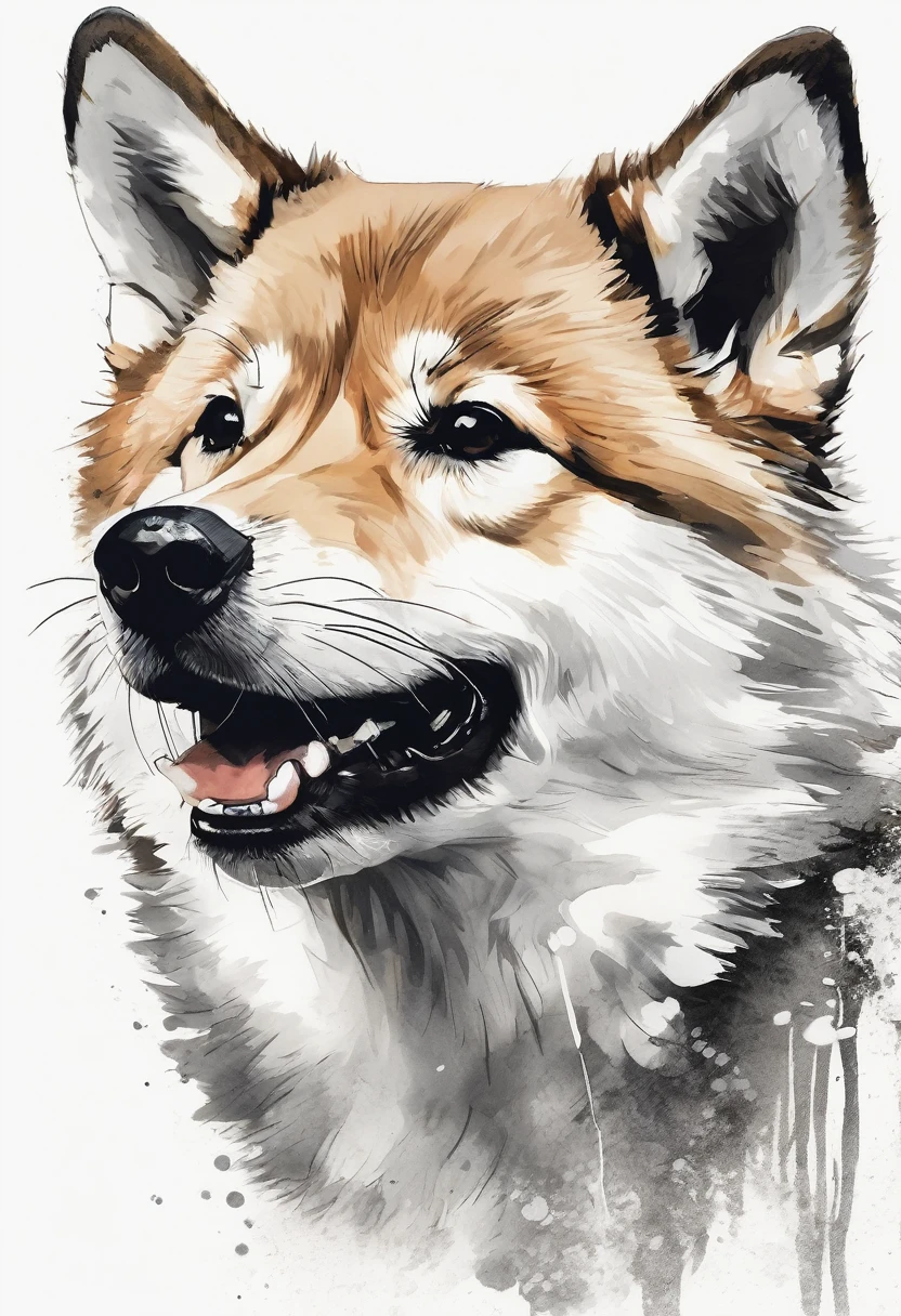 "Dynamic ink brushstroke style, black and white only: illustration by a professional illustrator, featuring a cute wolf pup or Shiba Inu, action shot, high detail, white background, sharp focus, full body, masterpiece, highly detailed, high quality, artistic sumi ink painting, Japanese style, icon, single animal."