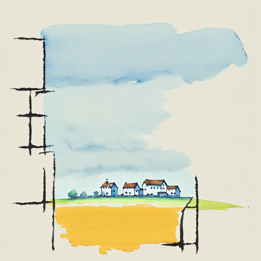 watercolor, minimalism, home with field, solid background with light blue, with phrase "A good home must be made, not bought", feel soft & warm