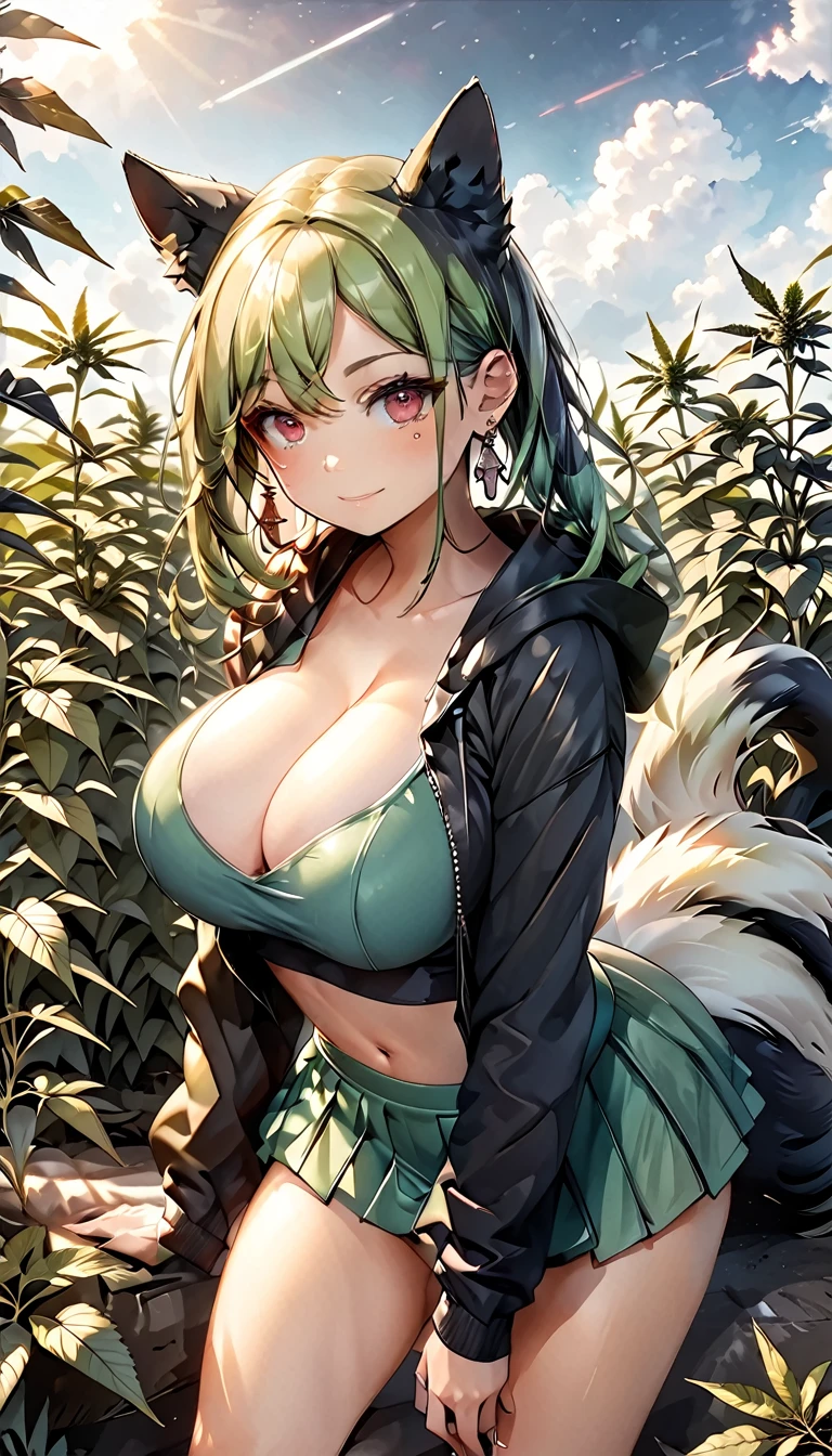 , Croped, , cleavage, slim waist, cropped hoodie underboob, cropped hoodieunderboobhoodie, 1girl, 2 wolf ears, wolf tail, marijuana crop hoodie, crop shorts, marijuana hoodie, spiky hair, spiky fur, green hair, red eyes,marijuana field, tight clothes, perfect eyes, perfect hands, clear resolution, full body, cleavage skin, marijuana plants, open hoodie, marijuana field, black thigh high socks, full body, earrings, 1girl, skirt, cleavage, slim waist, cleavage, slim waist, hair pulled back, big breast, round butt, slim waist, best quality, thick thighs, D-cup breast,