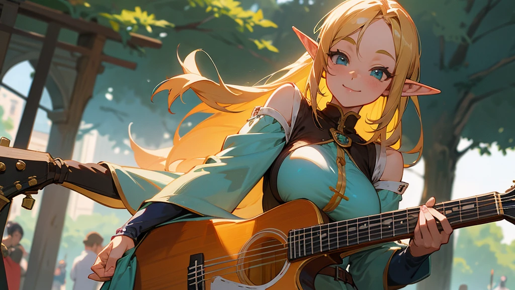 Anime Style,Nostalgic,Detailed background,The medieval world,In a busy square with many people,Smiling bard beautiful elf girl,guitar,Large Breasts,Underarm