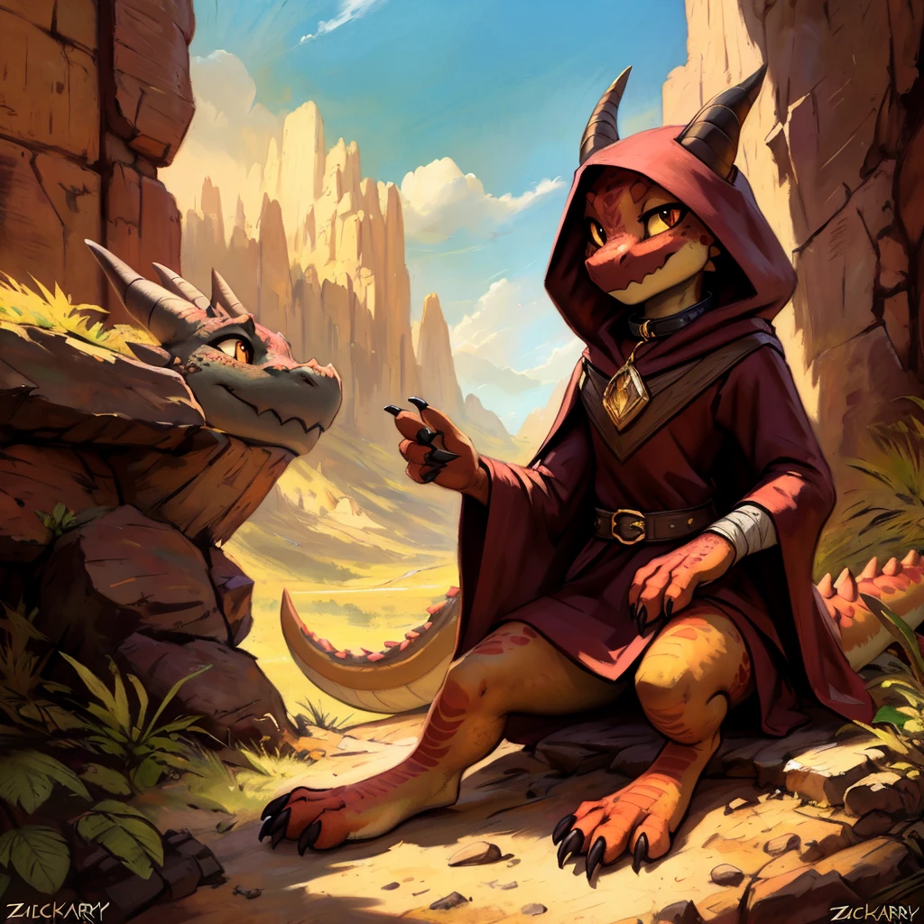 (((by Zackary911, by Kenket, by Kilinah))), solo female, bright gold skin, gold scales, (((Kobold)), (detailed kobold)) wearing a cloak with a hood, gem on the collar, bandaged thighs and bandaged chest, squirrel ears, kobold tail, front view, looking at the observer with a smug smile, perspective, finely detailed paws,