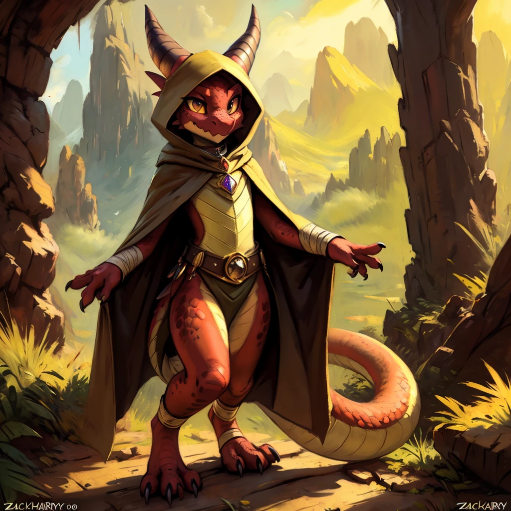 (((by Zackary911, by Kenket, by Kilinah))), solo female, bright gold skin, gold scales, (((Kobold)), (detailed kobold)) wearing a cloak with a hood, gem on the collar, bandaged thighs and bandaged chest, squirrel ears, kobold tail, front view, looking at the observer with a smug smile, perspective, finely detailed paws,