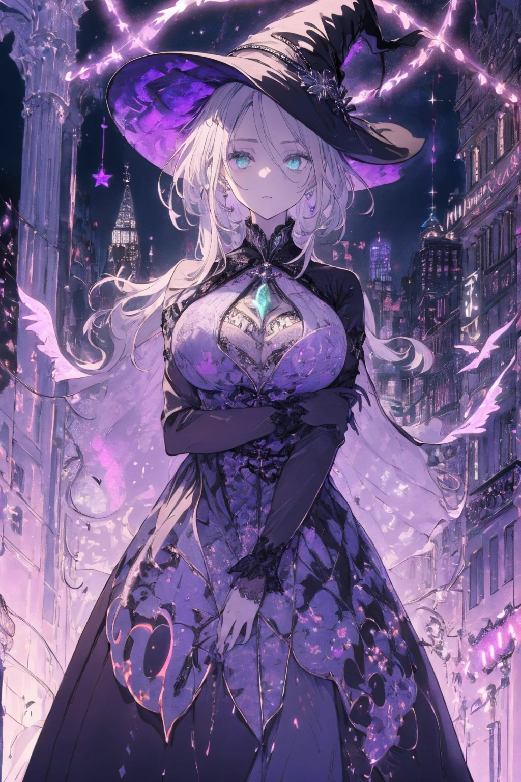 (witchcraft photo:1.1,in neon downtown:1.5), Masterpiece, best quality, (very detailed CG unity 8k wallpaper), (best quality), High definition RAW color art, Animation,sculptures, (silver Marble Skin), (((Ultra detailed elegant))), Magical atmosphere, Detailed skin, Texture,(Intricately detailed, Fine detail, ultra-detail art), depth of fields, bokeh, Silky Touch, Hyper Detail, beautiful eyes, Elegant Face, (ローブ), sparkle background, (silver hair), pastel purple, fat, shorthair, dress, フリル, witchcraft hat, round glass:1.4, enormous breast
