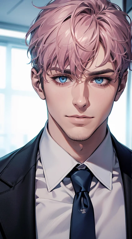 (best quality,4k,8k,highres,masterpiece:1.2),ultra-detailed,(realistic,photorealistic,photo-realistic:1.37),1 man,31 years old,mature man,very handsome,without expression,smile,short grey pink hair,blue eyes,penetrating gaze,perfect face without errors,imposing posture,businessman,office background,cinematic lighting,hdr image