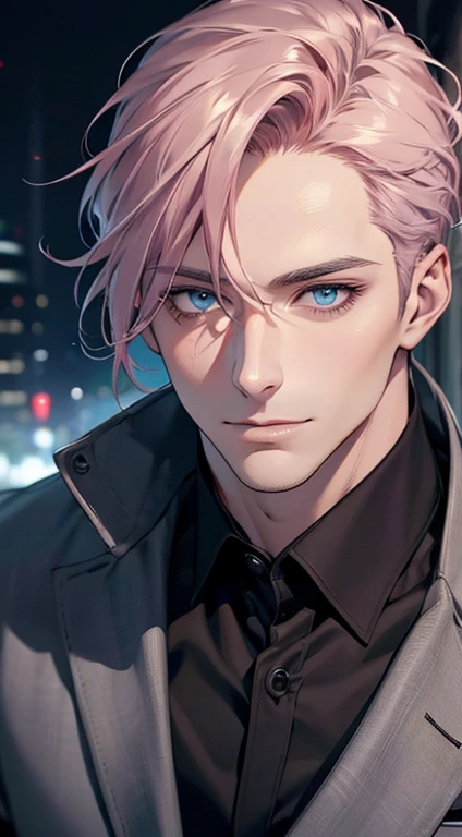 (best quality,4k,8k,highres,masterpiece:1.2),ultra-detailed,(realistic,photorealistic,photo-realistic:1.37),1 man,31 years old,mature man,very handsome,without expression,smile,short grey pink hair,blue eyes,penetrating gaze,perfect face without errors,imposing posture,businessman,office background,cinematic lighting,hdr image