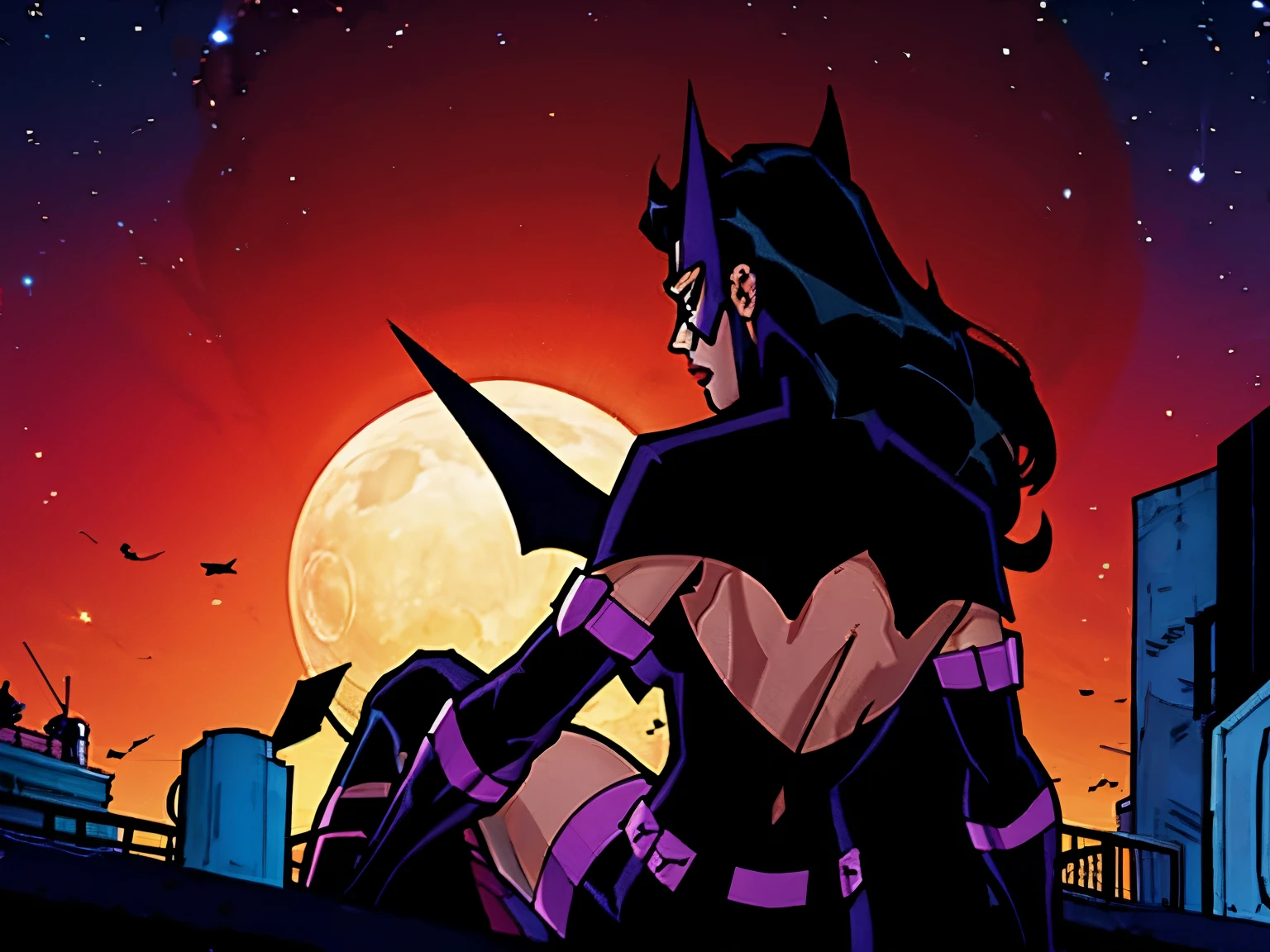 Huntress from DC comics, backside view, attacking, night time, night sky background