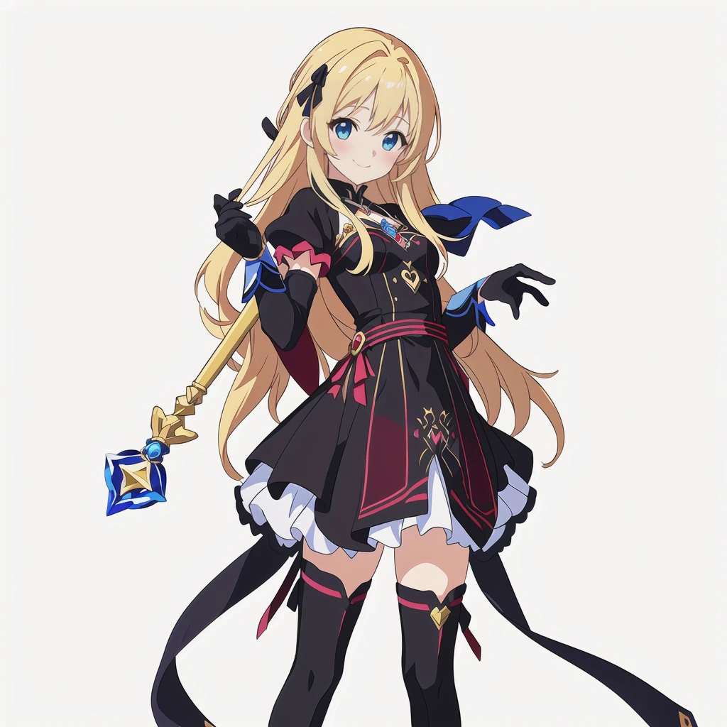 Highest quality, high resolution, High quality anime art style, Perfect hands,Perfect Fingers.Official Art, Smooth anime CG art, Stylized anime, Cute 3D anime girl render, Visual Novel Sprites, White background, whole body, Anime-style 3D, Smooth anime CG art, humanoid woman, JRPG Characters, Magical Girl Style, Anime woman in a black dress with maroon ribbon, Black gloves, Blonde, Long Hair, Light blue eyes, smile, ((Carrying a decorated magic wand)), Small Bust, Small breasts, ,