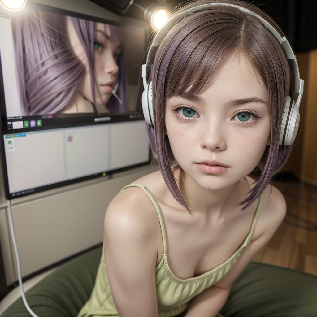  a girl with short hair, fringe,brown hair and lilac locks, White skin, green eyes, sitting in a voice recording studio with headphones