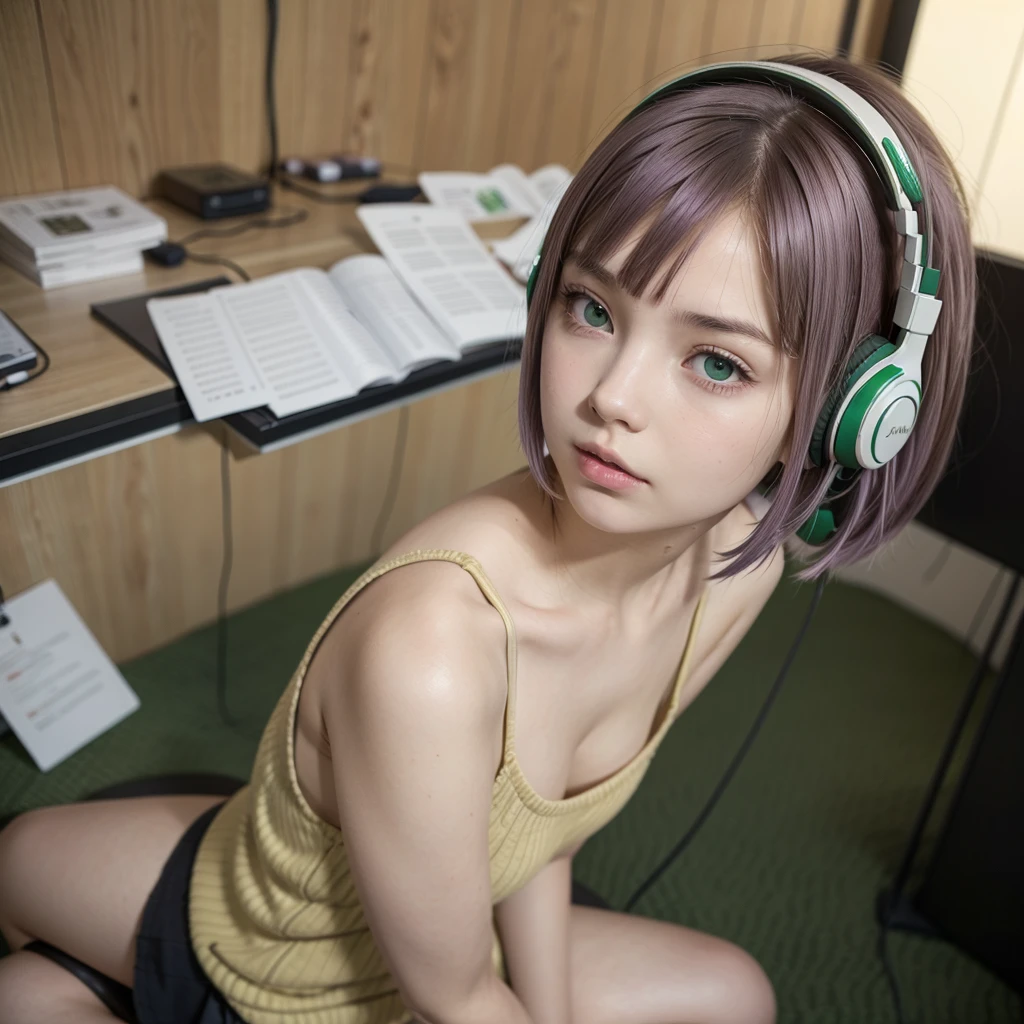  a girl with short hair, fringe,brown hair and lilac locks, White skin, green eyes, sitting in a voice recording studio with headphones