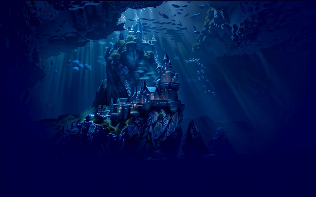 uhd, masterpiece, anatomically correct, textured skin, super detail, high details, high quality, best quality, highres,16K, vivid,Complex intricate details,Very refined depth of field,Photorealism,Professional Lighting,There is a castle in the middle of the deep blue ocean, deep sea landscape, Underwater Edinburgh Castle, seabed temple, Underwater city, a dark underwater scene, bubble, Deep under the sea, Underwater scenery, A huge floating castle, Under the Deep Sea, Deep under the sea scene, 夜间在seabed, seabed environment, seabed