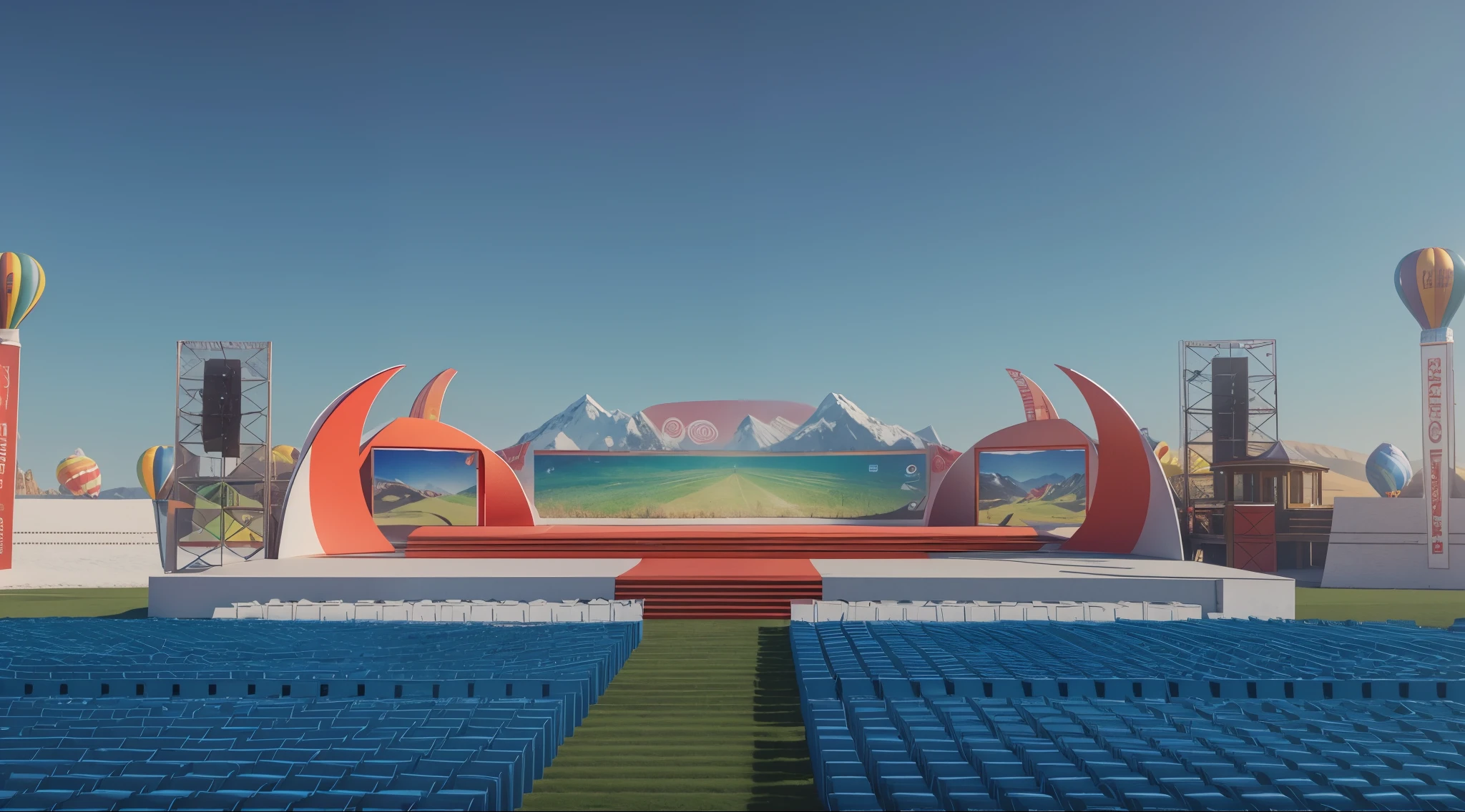 masterpiece,C4D,OC Renderer,high quality,Bright hues,Outdoor event stage design 3D rendering, Tibet, LED screen, two red podiums and blue seats, Grass, chairs, mountains, hot air balloon, snow, mountains, white, panoramic view