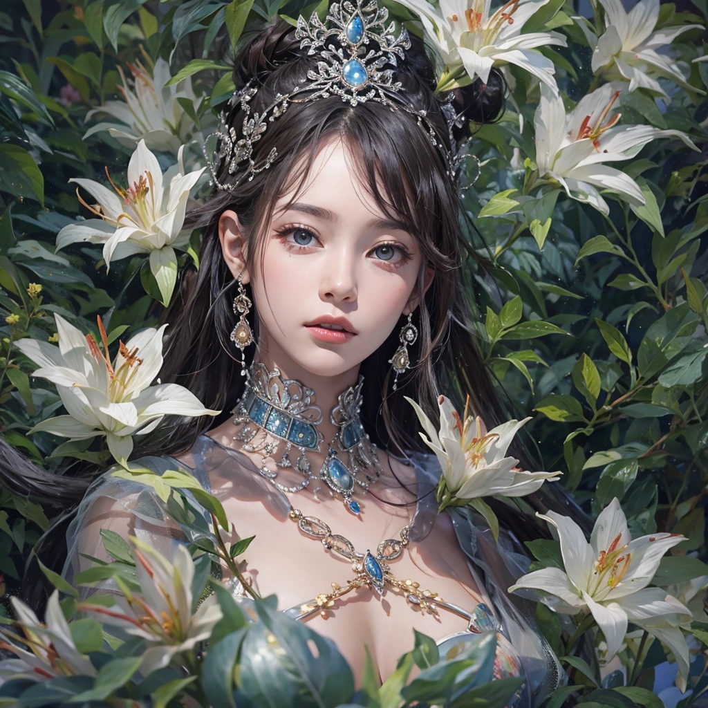 that'that'that'that'that'that'it's raining, c that、Hair flow、 ((highest qualthaty、masterpiece、8K、Best image qualthaty、Ultra-high resolution、Award-winning works)、(Accurate anatomy:1.1)、(Look at me and smile:1.1)、Shining fair skin wthath Ultra-high resolution、The most detailed face、Ultra-high resolution detailed face、Ultra-high resolutionの髪の毛、(Ultra-high resolutionの煌めく瞳:1.1)、Beautiful face drawn in every detail、ancient gothic costume , Chest to chest, tattoo, Surrounded by lilies