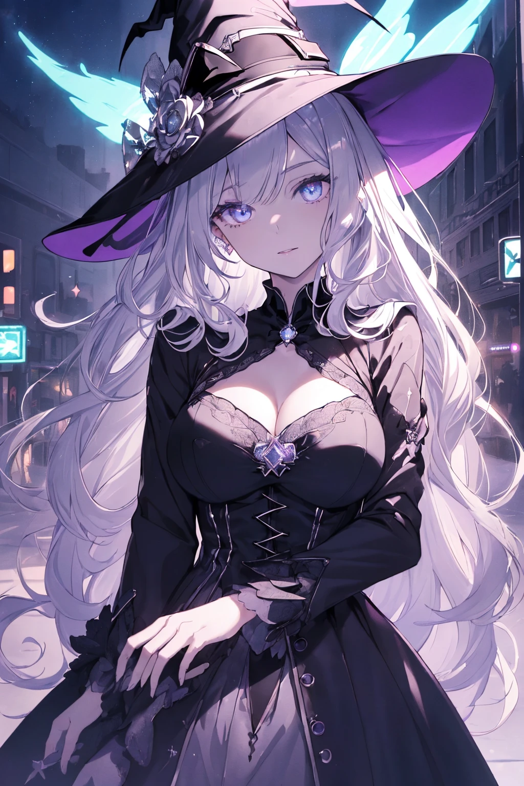 (witchcraft photo:1.1,in neon downtown:1.5), Masterpiece, best quality, (very detailed CG unity 8k wallpaper), (best quality), High definition RAW color art, Animation,sculptures, (silver Marble Skin), (((Ultra detailed elegant))), Magical atmosphere, Detailed skin, Texture,(Intricately detailed, Fine detail, ultra-detail art), depth of fields, bokeh, Silky Touch, Hyper Detail, beautiful eyes, Elegant Face, (ローブ), sparkle background, (silver hair), pastel purple, fat, shorthair, dress, フリル, witchcraft hat, round glass:1.4, enormous breast