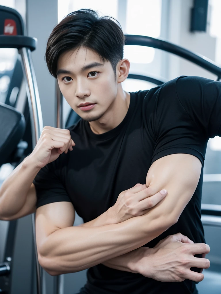 Korean man, Inspiration from Peng Yuyan, 30 years old, 236 years old, Cute Korean Face, 35 yo, 33 year old Korean muscular man，The gym is in the back.